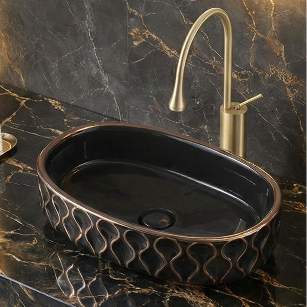 Premium Designer Ceramic Table Top Wash Basin, Gold & Black-Rose Gold Glossy (20 x 12.5 x 5.5 In) Black