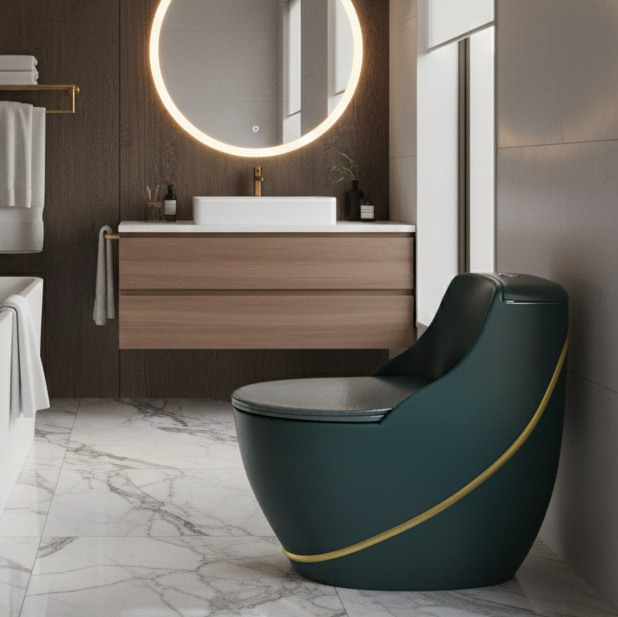 Luxury One-Piece Western Toilet with Gold Line | Designer Floor Mounted WC | Approx. 27 × 17 × 27 Inches
