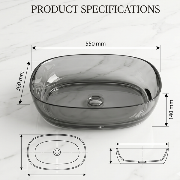Bassino Modern Transparent Resin Wash Basin | Stylish Countertop Wash Basin for Bathroom–550x360x140 mm Black