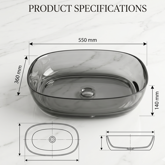Bassino Modern Transparent Resin Wash Basin | Stylish Countertop Wash Basin for Bathroom–550x360x140 mm Black