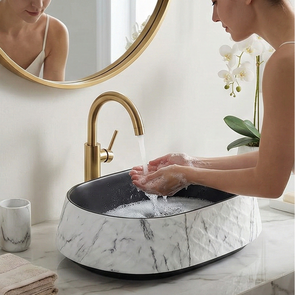 Premium Designer Ceramic Table Top Wash Basin, Matt Marble Finish (20 x 15 x 5 In) EQP-1046