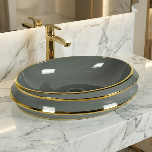 Luxury Grey & Gold Countertop Wash Basin | Modern Designer Table Top Basin (24" × 16" × 6" IN)