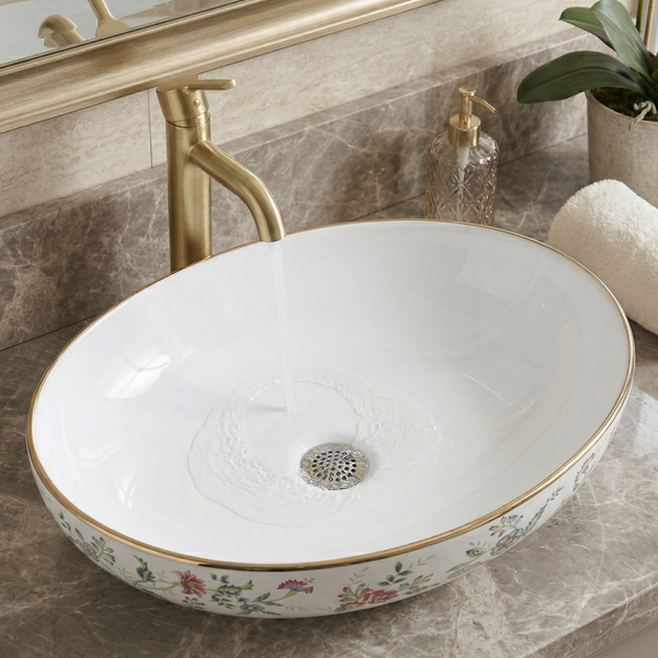 BASSINO Designer Table Top Basin – 20″ Floral Pattern Countertop Wash Basin in Glossy White (Size: 20″ × 15″ × 5″)