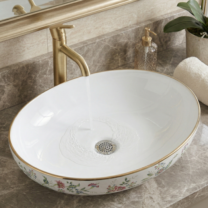 BASSINO Designer Table Top Basin – 20″ Floral Pattern Countertop Wash Basin in Glossy White (Size: 20″ × 15″ × 5″)
