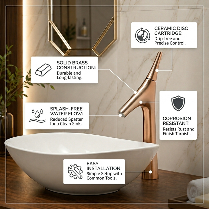 BASSINO Carlos Series Designer Basin Faucet – Single Cold Water Flow Rose gold Finish for Luxury Bathrooms