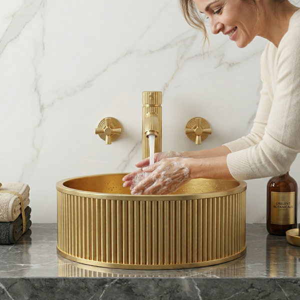Bassino Modern Stainless Steel Wash Basin | Stylish Countertop Wash Basin for Bathroom–400x400x130 mm Gold