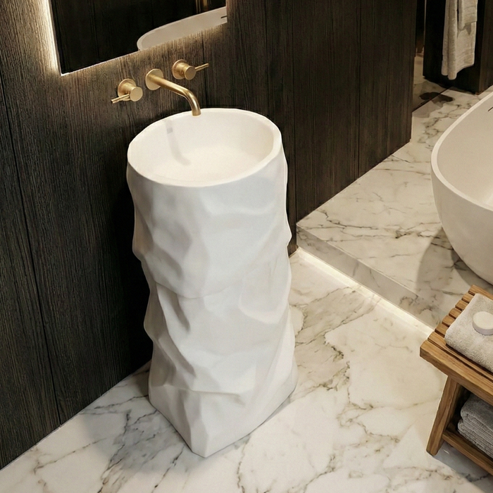 Luxury Sculpted Artificial Pedestal Basin | Designer Freestanding Wash Basin | 20 × 20 × 36 In - ZXPB/67