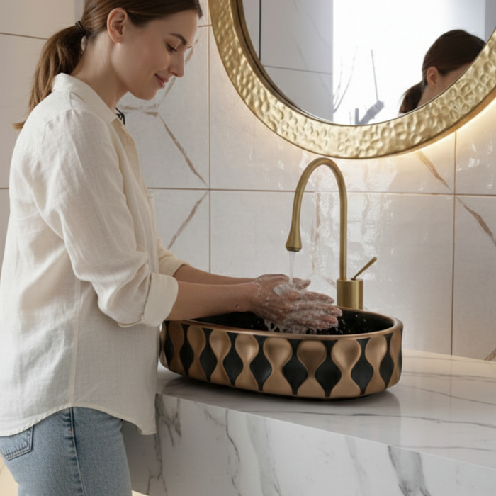 Premium Designer Ceramic Table Top Wash Basin, Black-Rosegold Matt (20 x 12.5 x 5.5 In) ZXTT/760