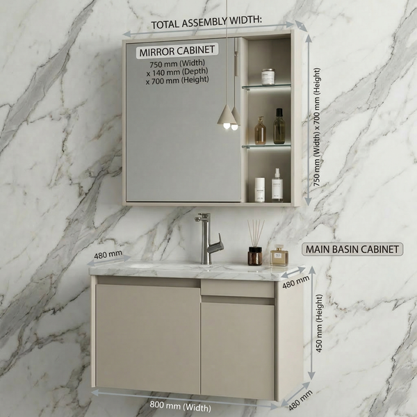 BASSINO Bathroom Vanity Cabinet Set – 32″ Wall Mounted Plywood Vanity with Ceramic Basin & LED Mirror Cabinet