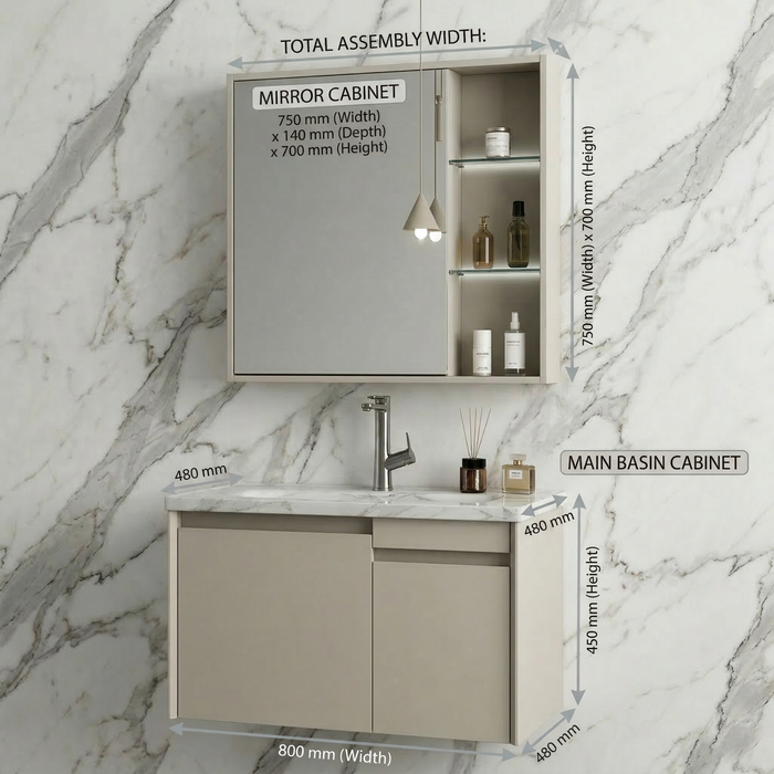 BASSINO Bathroom Vanity Cabinet Set – 32″ Wall Mounted Plywood Vanity with Ceramic Basin & LED Mirror Cabinet