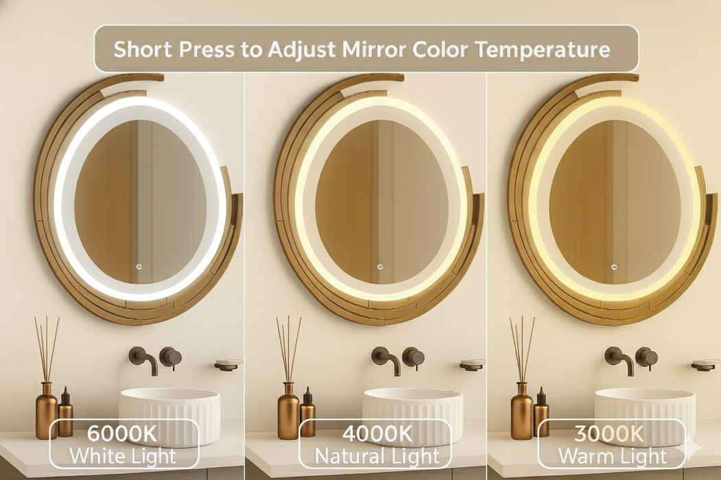 LED Round Bathroom Glass Wall Mount Mirror With 3 Lighting Options (Warm, White, Natural White)