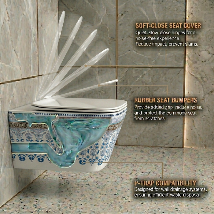 Bassino Wall Hung Toilet (21 x 13 x 14 Inches) – Designer Floral Pattern Finish | Luxury Wall Mounted WC