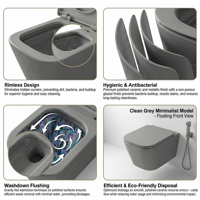 Bassino Wall Hung Toilet – Glossy Grey | 20.5 x 13.5 x 14 Inches Modern WC