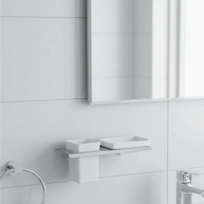 BASSINO Stylish Soap Dish & Toothbrush Tumbler Holder For Bathroom-SS 304 & PTMT Material-CHROME FINISH