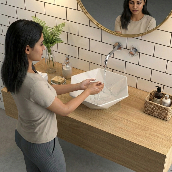 Premium Hexagonal Geometric Design Ceramic Table Top Basin (PRIZM) (480x420x125 mm)