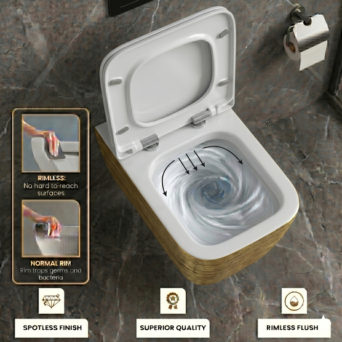Bassino NCWH 1088 Wall Hung Toilet (21 x 14 x 5 Inches) – White Glossy Inside with Gold Texture Finish | Modern Designer WC