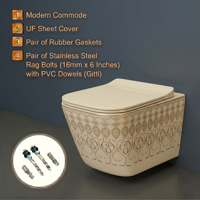 Bassino Wall Hung Toilet (21 x 13 x 14 Inches) – Satin Khakhi Moroccan Finish Rimless WC with UF Seat Cover