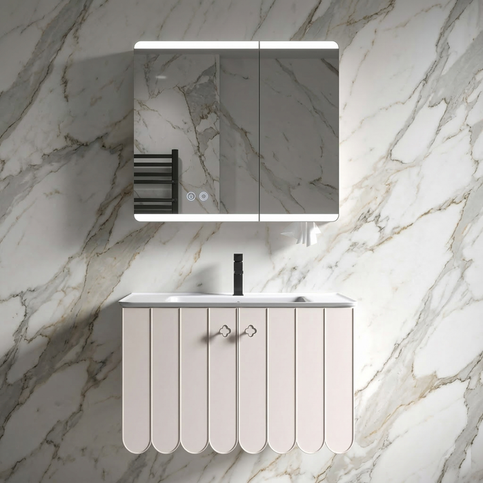 BASSINO Bathroom Vanity Cabinet Set – 32″ Plywood Vanity with Ceramic Basin & 30″ LED Mirror Cabinet