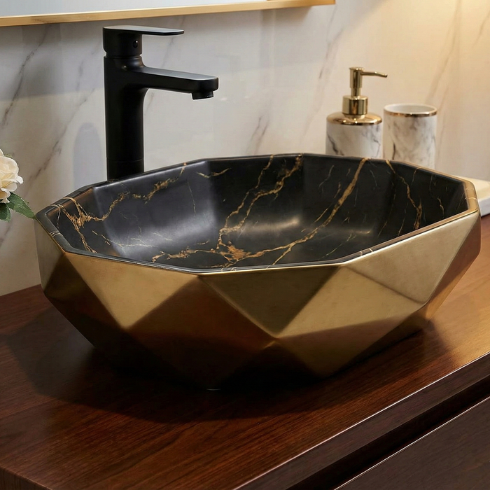 Premium Designer Ceramic Table Top Wash Basin, Bronze & Black Marble Matt (16 x 16 x 5.5 In) EQP-1048
