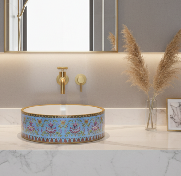 Designer Round Ceramic Wash Basin (Glossy Blue with Moroccan Art Design 16 x 16 x 5 In- AB604)