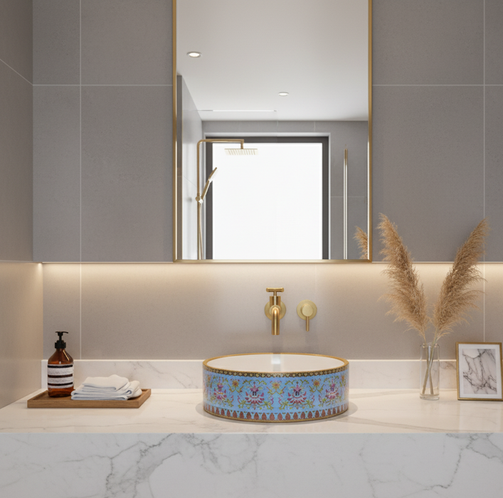 Designer Round Ceramic Wash Basin (Glossy Blue with Moroccan Art Design 16 x 16 x 5 In- AB604)