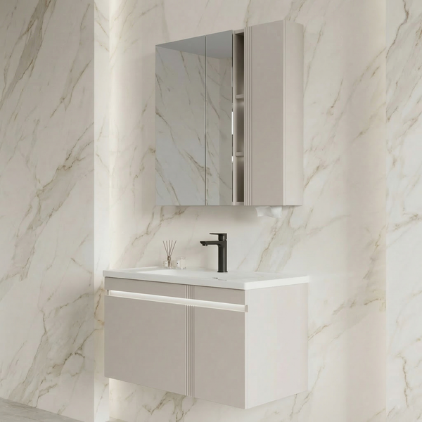 BASSINO Bathroom Vanity Cabinet Set – 32″ Plywood Vanity with Ceramic Basin & 30″ LED Mirror Cabinet