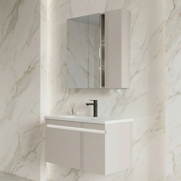 BASSINO Bathroom Vanity Cabinet Set – 32″ Plywood Vanity with Ceramic Basin & 30″ LED Mirror Cabinet