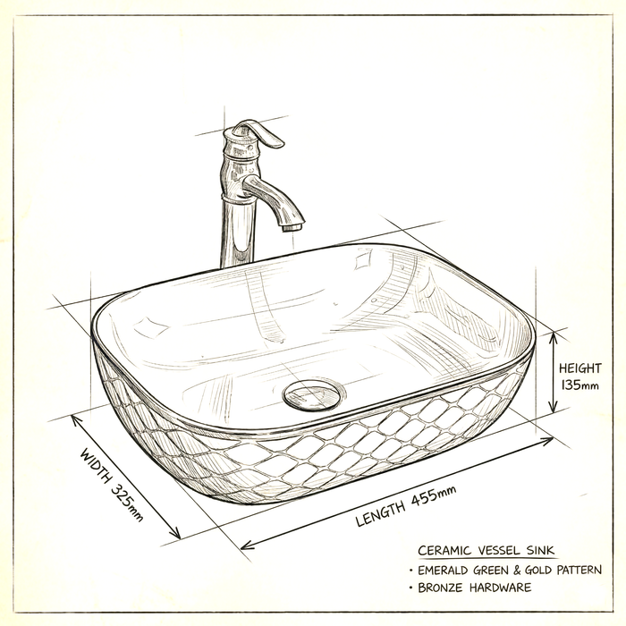 Luxury Green & Gold Countertop Wash Basin | Designer Table Top Basin (18" × 13" × 5" IN)