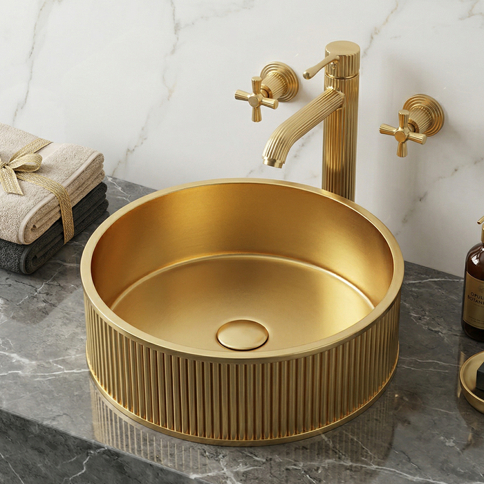 Bassino Modern Stainless Steel Wash Basin | Stylish Countertop Wash Basin for Bathroom–400x400x130 mm Gold