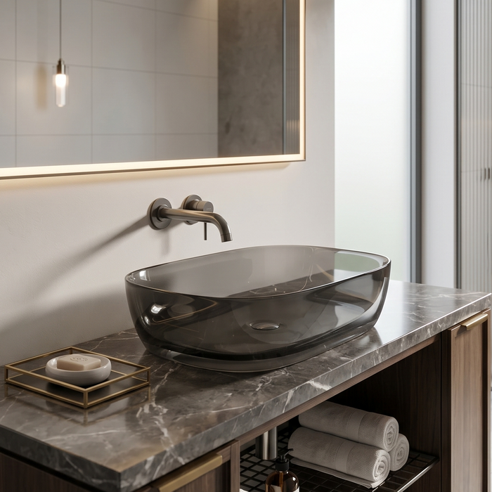Bassino Modern Transparent Resin Wash Basin | Stylish Countertop Wash Basin for Bathroom–550x360x140 mm Black