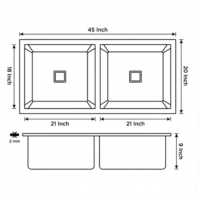 Premium SS 304 Grade Double Equal Bowl Kitchen Sink, Matte Finish, 45x20x9 In, 25 Years Warranty