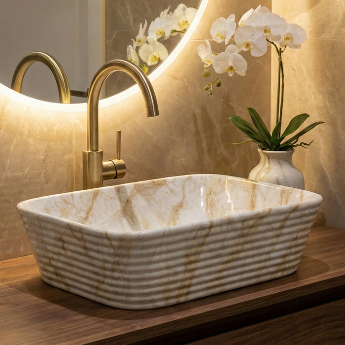 Modern Marble finish Countertop Wash Basin | (20" × 15"× 6" IN) Designer Bathroom Sink Beige