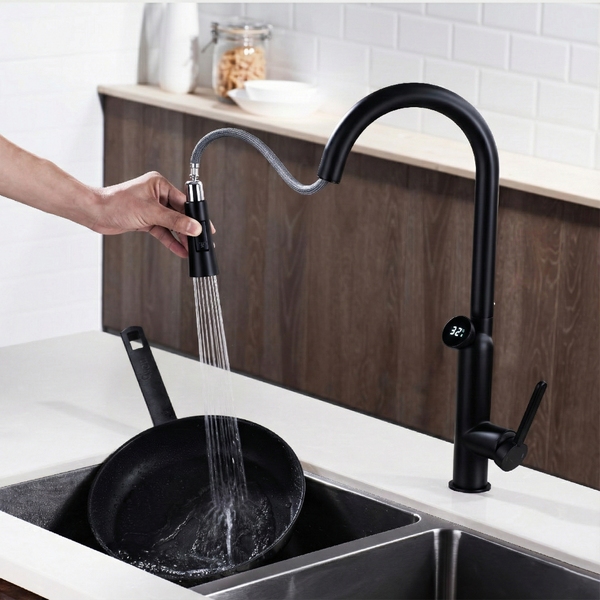 BASSINO KITPRO Smart Kitchen Faucet – Pull Down Spray with Temperature Display, Black Matt | Hot & Cold | 3 Years Warranty