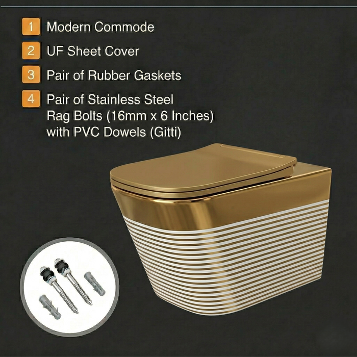 Bassino Gold Luxury Wall Hung Toilet – Rimless WC with UF Seat Cover | 20.5 x 13.5 x 14 Inches