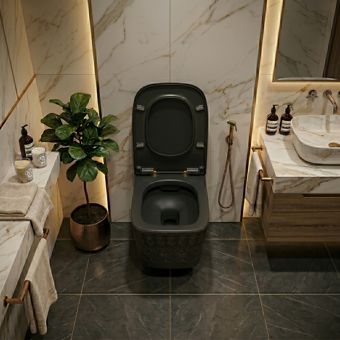 Bassino Wall Hung Toilet (21 x 13 x 14 Inches) – Matte Black Moroccan Finish Rimless WC with UF Seat Cover | Luxury Designer Toilet