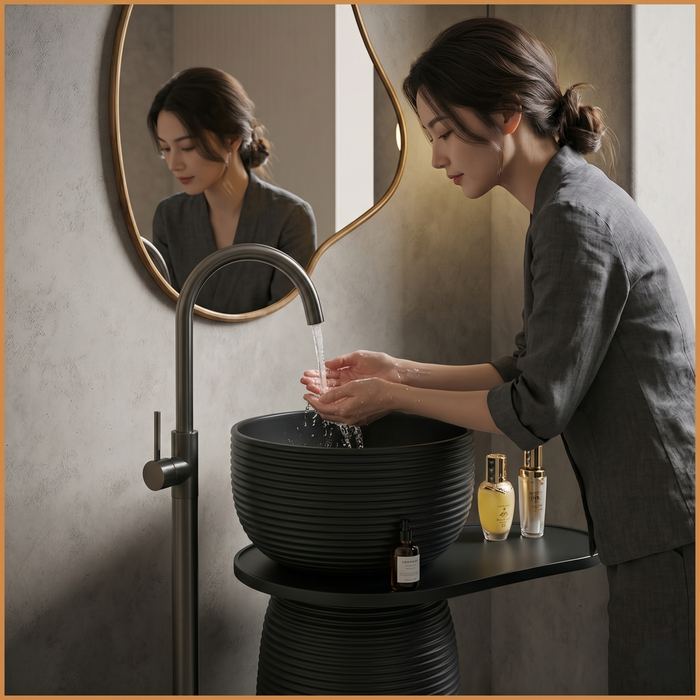 Luxury Pedestal Wash Basin with Side Shelf | Artificial Stone Freestanding Basin - 24″ × 16″ × 34″ In Black