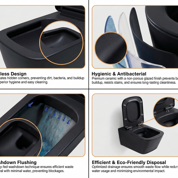Bassino Full Matt Black Wall Hung Toilet – Rimless WC with UF Seat Cover | 20.5 x 13.5 x 14 Inches