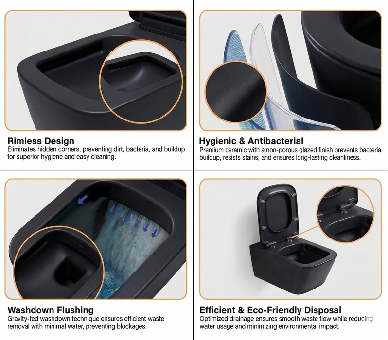 Bassino Full Matt Black Wall Hung Toilet – Rimless WC with UF Seat Cover | 20.5 x 13.5 x 14 Inches