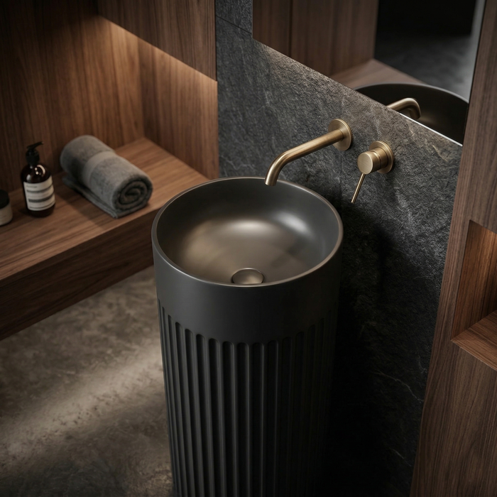 BASSINO Fluted Pedestal Basin – 16″ Matte Black Freestanding Designer Wash Basin