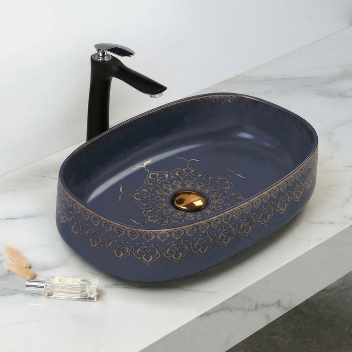 Designer Ceramic Wash Basin (Gold Moroccan design - 21 x 14 x 6 In - BTT-11565)