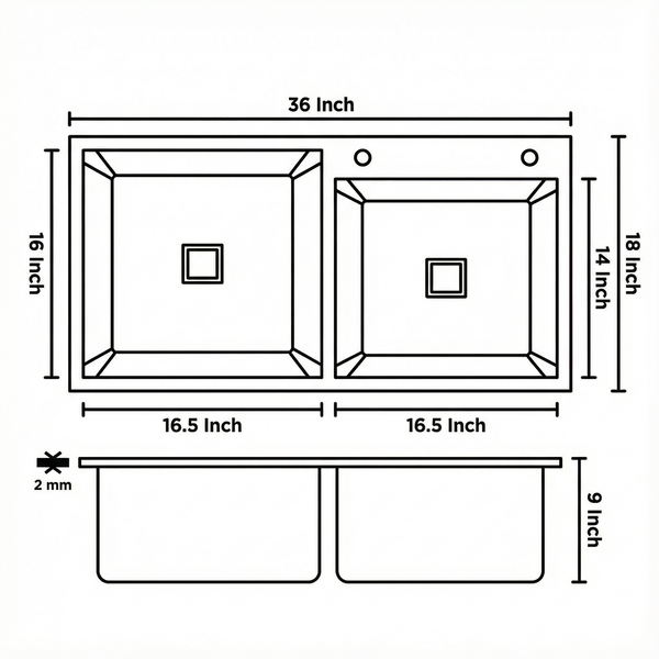 Premium SS 304 Grade Double Different Bowl Kitchen Sink, Matte, 36x18x9 In, 25 Years Warranty