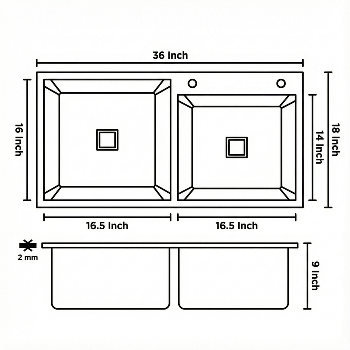 Premium SS 304 Grade Double Different Bowl Kitchen Sink, Matte, 36x18x9 In, 25 Years Warranty