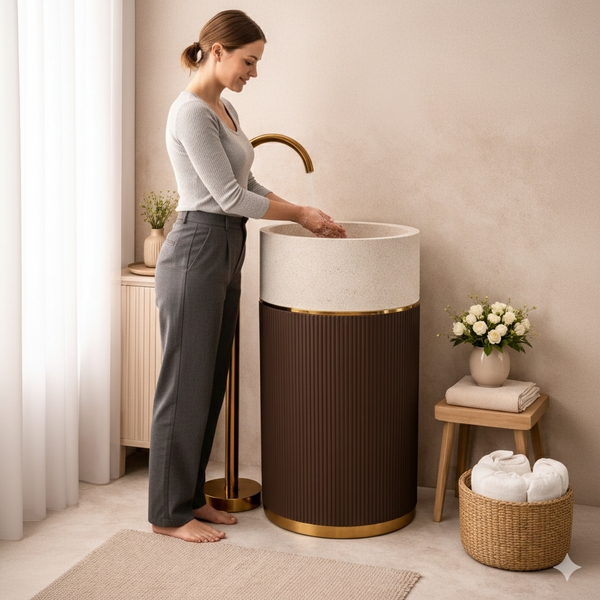 Refined Two-Tone Elegance | Designer Floor-Mounted Artificial Stone Pedestal Basin 17.5″ × 17.5″ × 34″ In