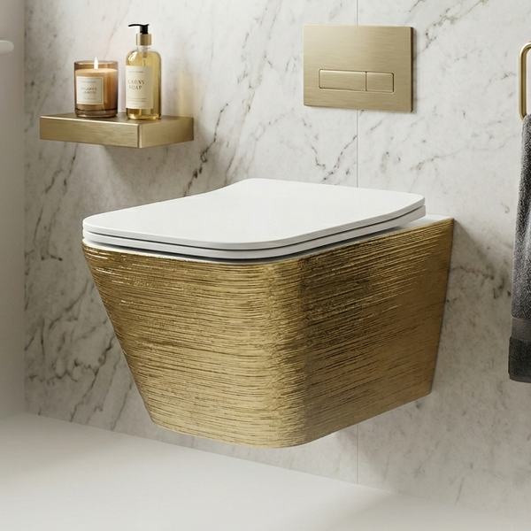 Bassino NCWH 1088 Wall Hung Toilet (21 x 14 x 5 Inches) – White Glossy Inside with Gold Texture Finish | Modern Designer WC