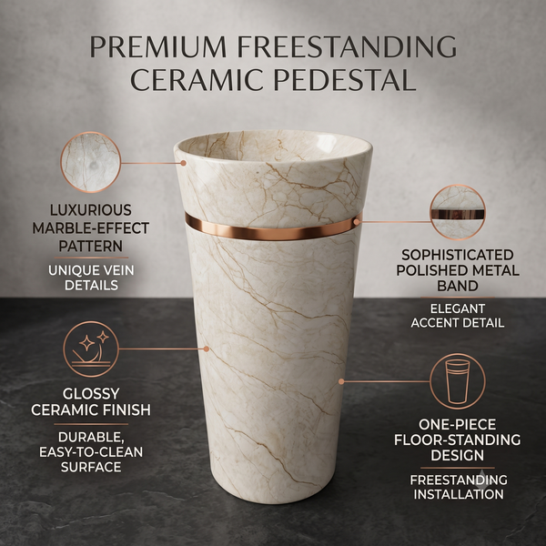 Round Matte Ceramic Freestanding Pedestal Wash Basin – 17.3 × 17.3 × 32.7 Inch White Marble Pattern with Gold Accent