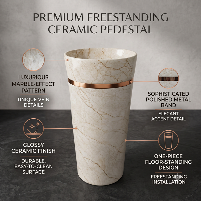 Round Matte Ceramic Freestanding Pedestal Wash Basin – 17.3 × 17.3 × 32.7 Inch White Marble Pattern with Gold Accent