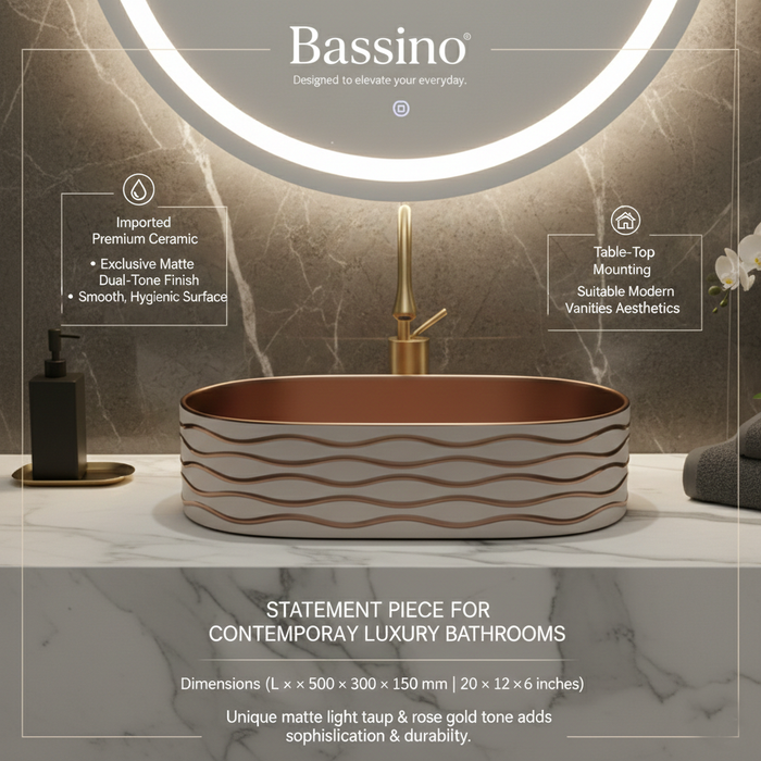 Bassino Luxury Table Top Wash Basin– 20 × 12 × 6 Inches | Matte Taupe Rose Gold Finish