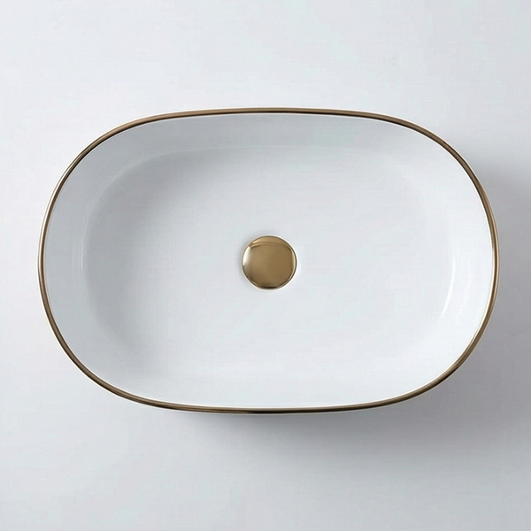 Premium Designer Ceramic Table Top Wash Basin, Rose Gold detailing Glossy finish (20 x 12 x 6 In) BTT-11838 White