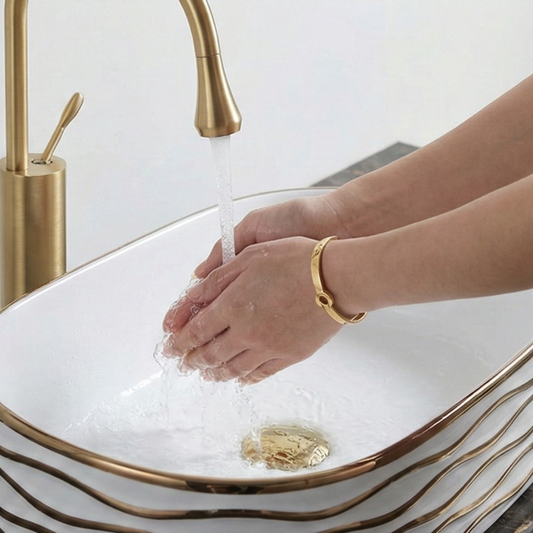 Premium Designer Ceramic Table Top Wash Basin, Rose Gold detailing Glossy finish (20 x 12 x 6 In) BTT-11838 White