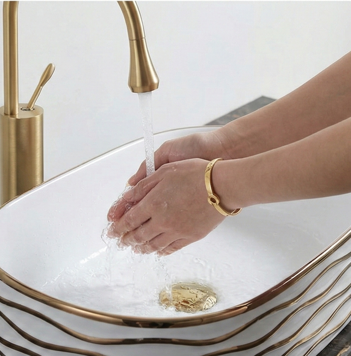 Premium Designer Ceramic Table Top Wash Basin, Rose Gold detailing Glossy finish (20 x 12 x 6 In) ZXTT/746/747